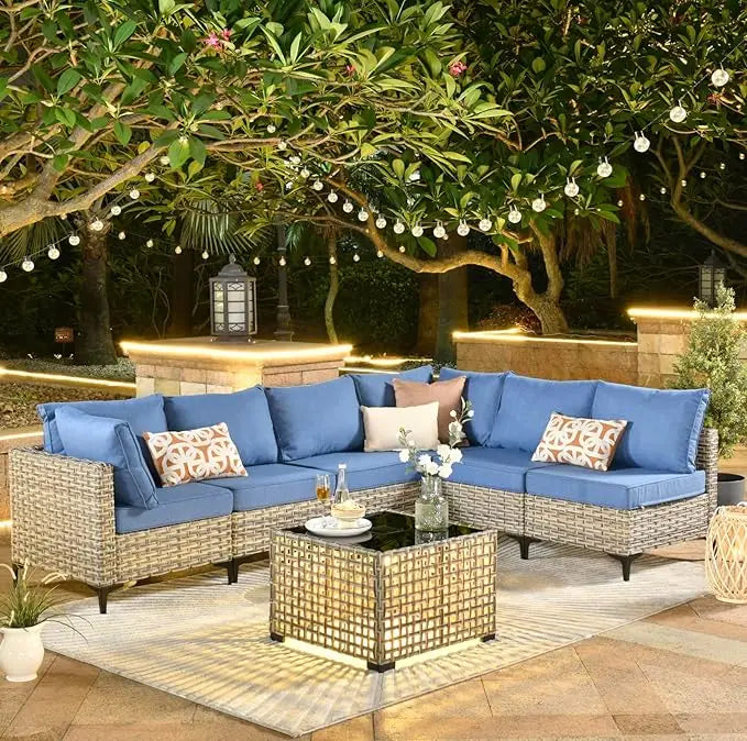 7 Piece Outdoor Patio Furniture with Glowing Coffee Table, Wicker