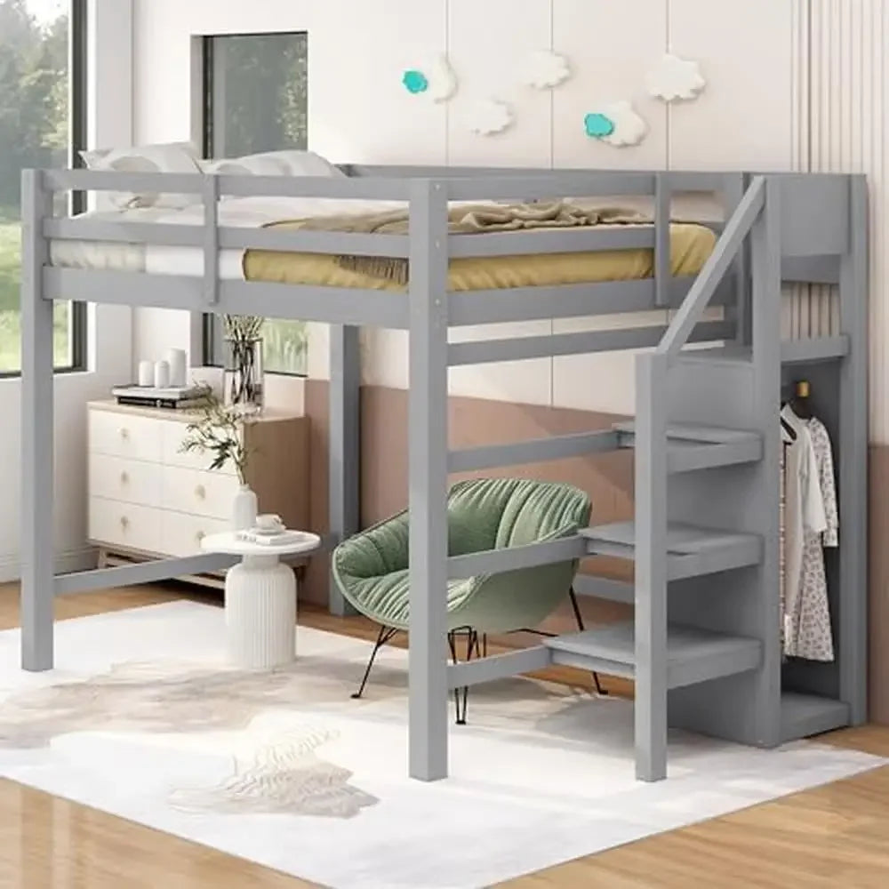 Full Size Loft Bed with Storage & ladder Pine Wood