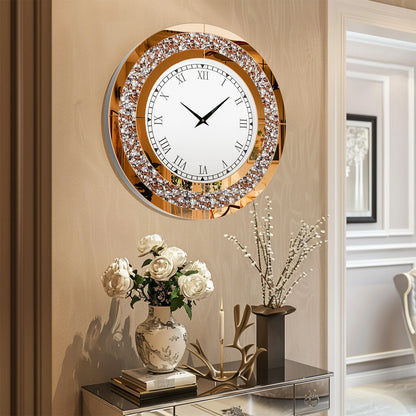 Silver, Tawny Tinted Round Mirror 24inch Crystal Sparkle Mirrored Wall Clock for Living Room