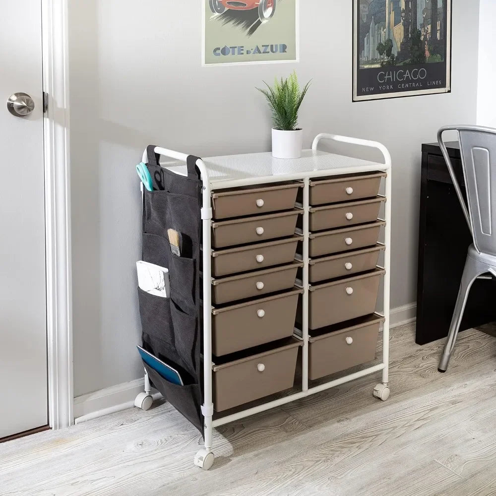 12-Drawer Metal Rolling Storage Cart with Side Pockets