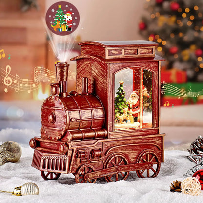 Christmas Vintage Train with Santa Cute Dog Projection Lighted Snow Globe Musical