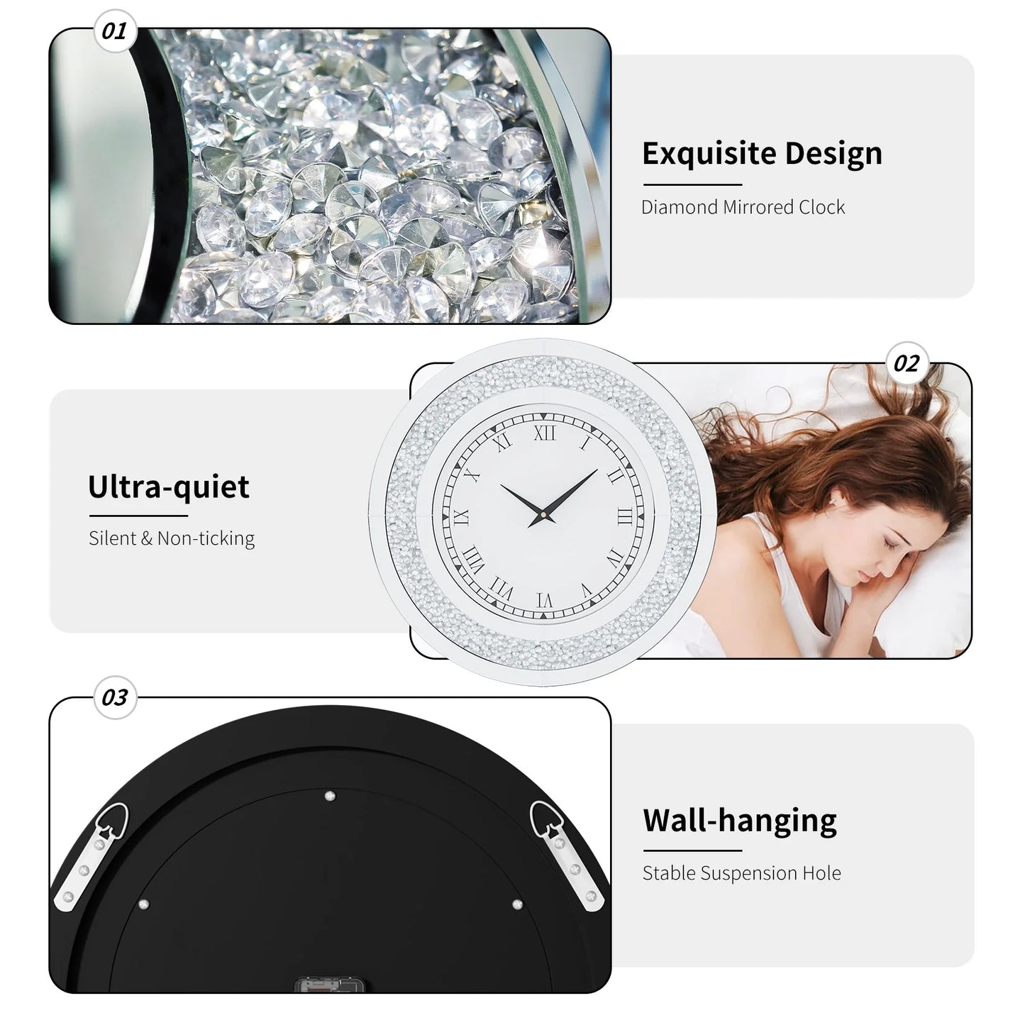 Silver, Tawny Tinted Round Mirror 24inch Crystal Sparkle Mirrored Wall Clock for Living Room