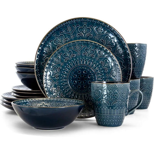 Round Stoneware Embossed Dinnerware Dish Set, 16 Piece