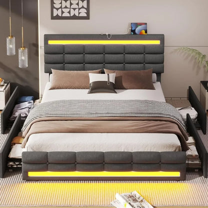 LED Bed Frame w 4 Drawers and 2 USB Charging Station, Upholstered Platform Bed