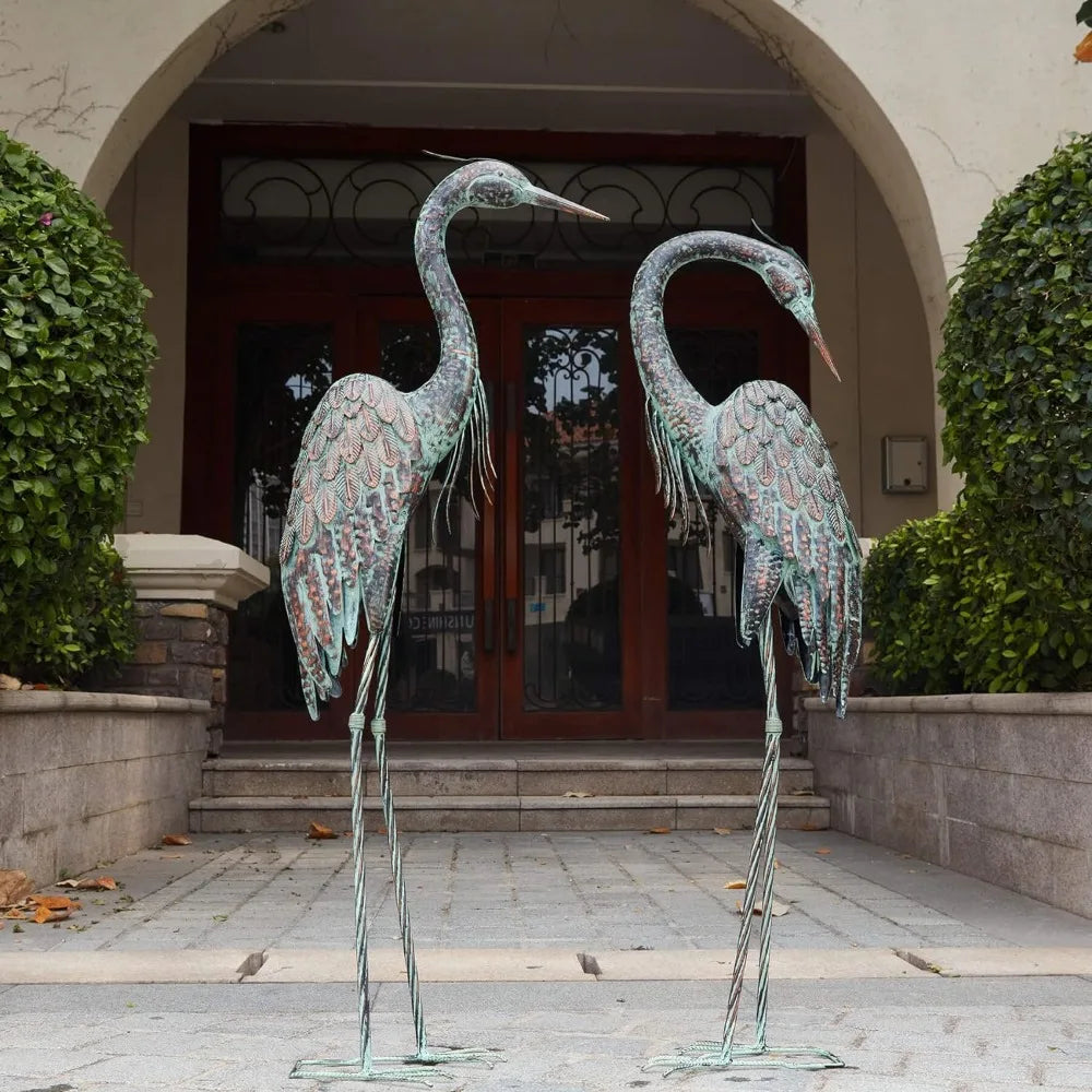 Garden Statues, Standing Metal Patina Heron 42-46 Inch Set of 2