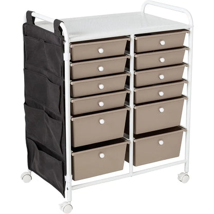 12-Drawer Metal Rolling Storage Cart with Side Pockets