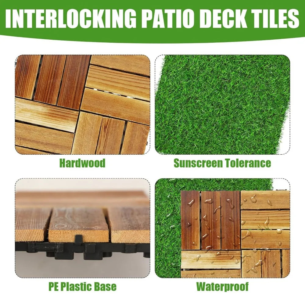 Hardwood Interlocking Deck Tile w/ Artificial Grass