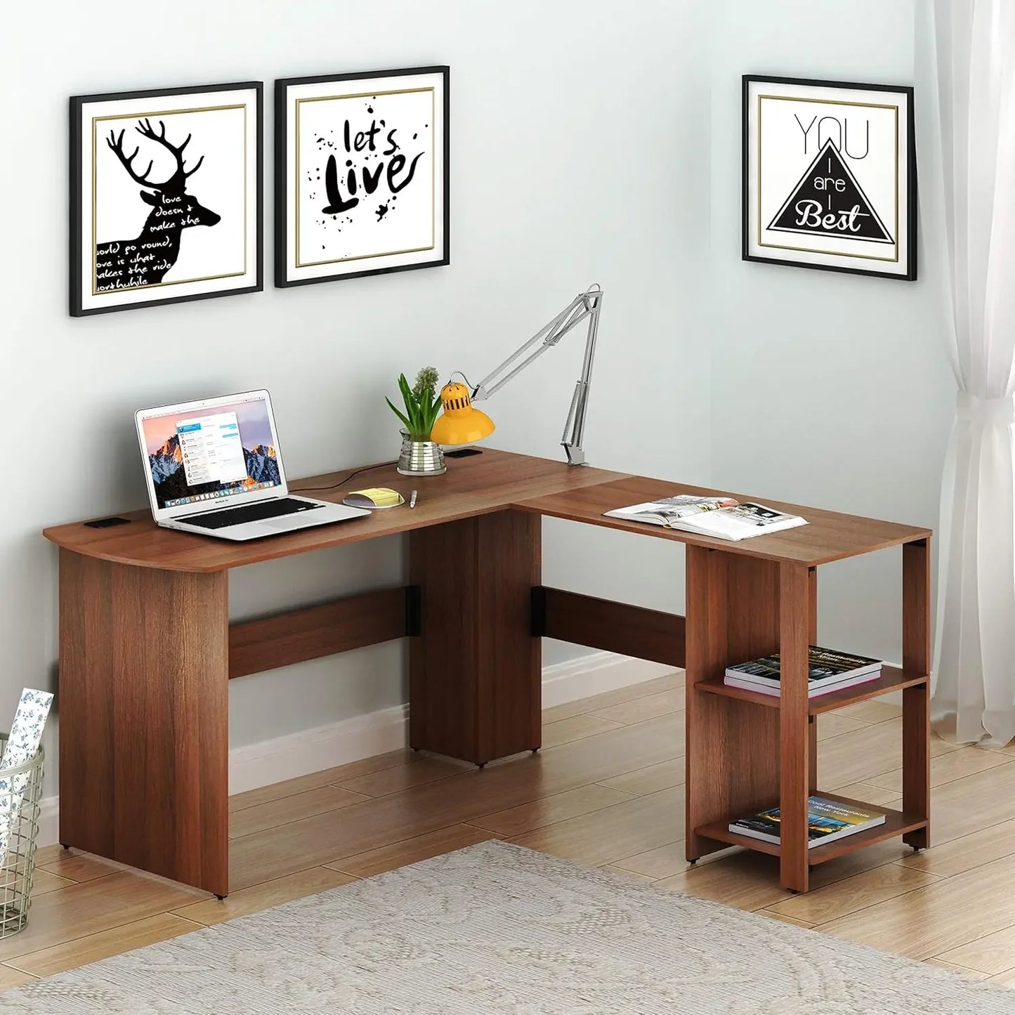 L-shaped home office, wooden corner desk, black computer desk