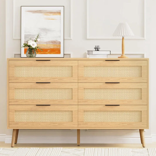 Wooden Dresser for Bedroom, Natural Rattan with Drawers 6 Drawer