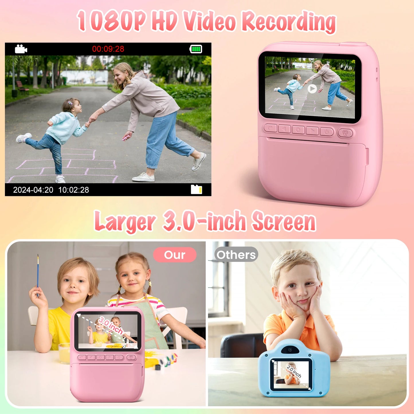 Instant Print Camera for Kids, 3.0" 6-12 Year, 32MP HD 1080P Digital with 3 Rolls of Printer Paper