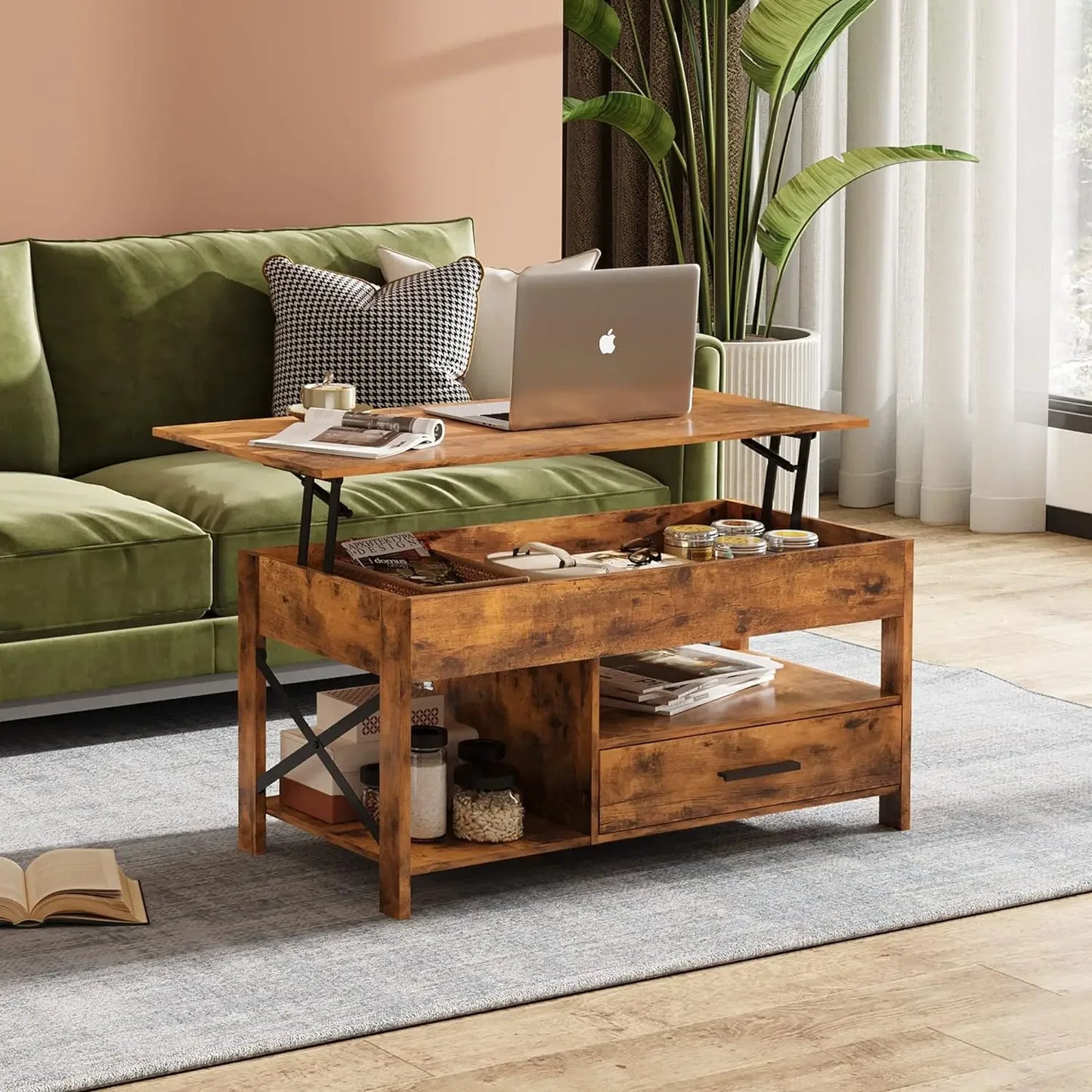 NEW Coffee Table, 39" Lift Top Coffee Table with Hidden Compartment Drawers Rustic Brown USA