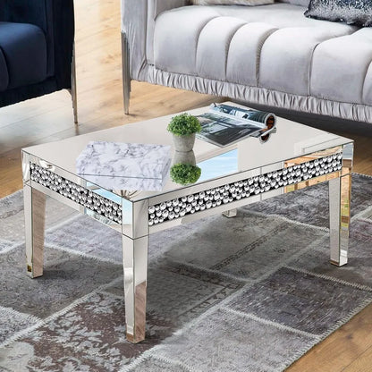 Mirrored Coffee Table, Silver with Crystal Diamond Inlay