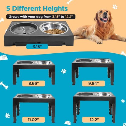 5 Adjustable Heights Raised Dog Bowl Stand with 1 Stainless Steel Food & Dog Water Bowls