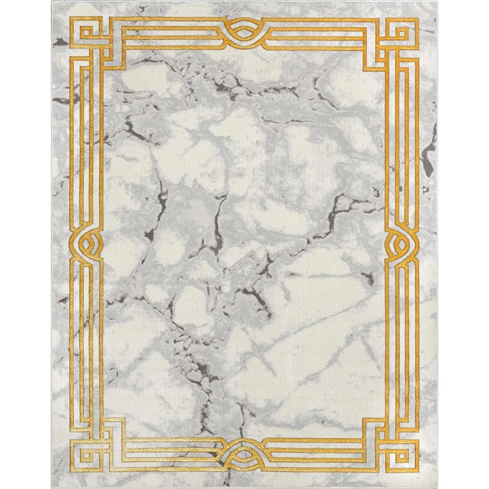 Huntington Grey Gold & Ivory Marble Border Elegant & Soft 9x13 Area Rug Perfect for Bedroom