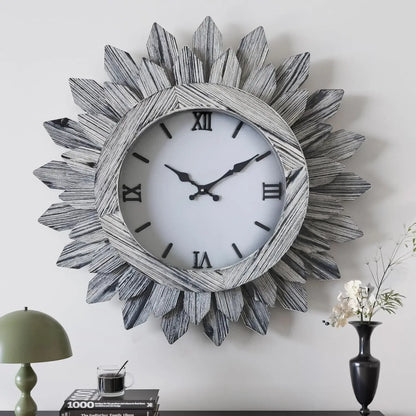 Living room wall clock decoration, sun explosion oversized silent, wood