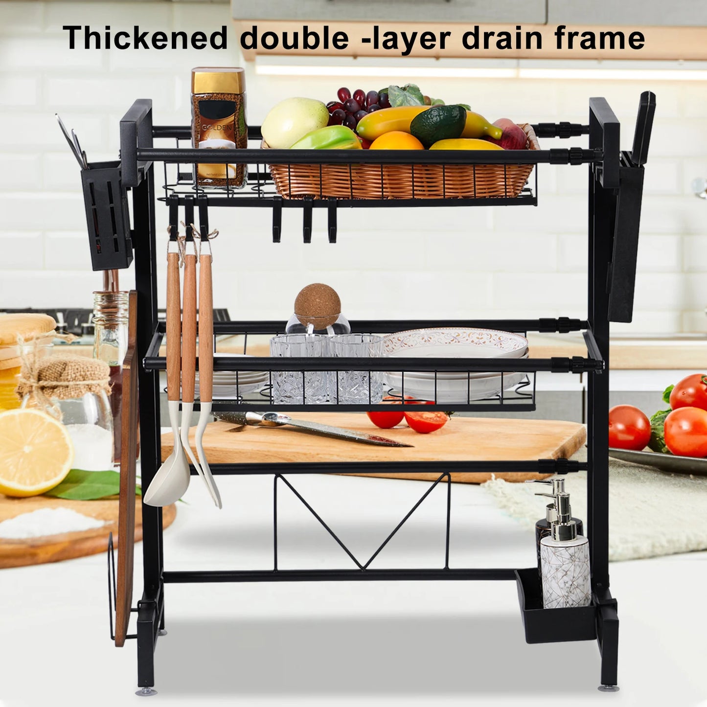 2 Tier Kitchen Storage Shelf Above Sink Stretchable Bowl Draining Rack