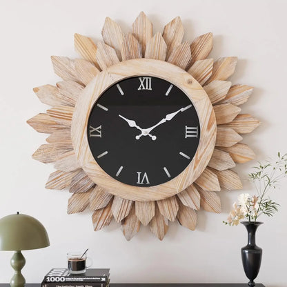 Living room wall clock decoration, sun explosion oversized silent, wood