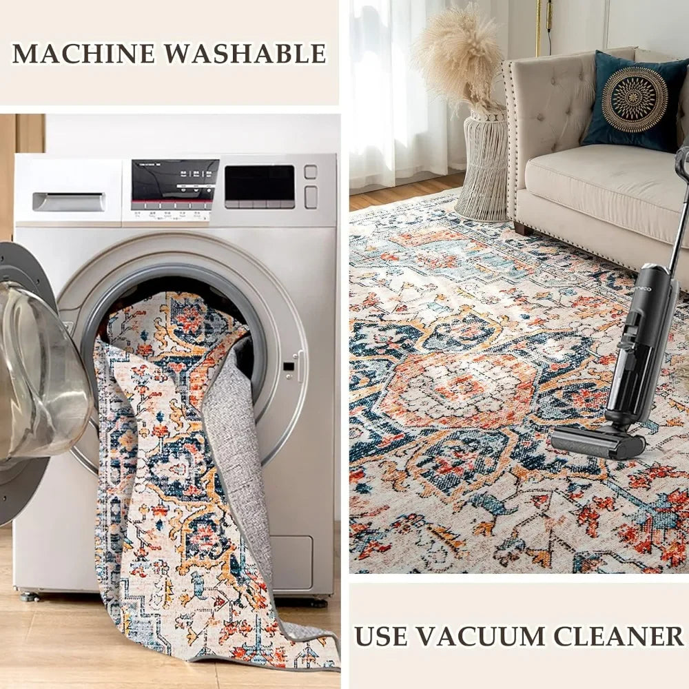 Machine Washable Rug 5'x7' Vintage Design Washable Area Rugs with Non Slip