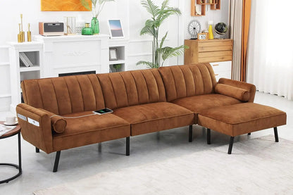 Velvet Sectional Convertible Sofa with Chaise Shape Sectional with USB Folding Futon