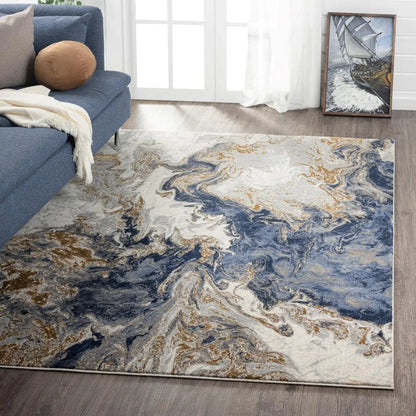 Marble Swirl Abstract Area Rug, Blue