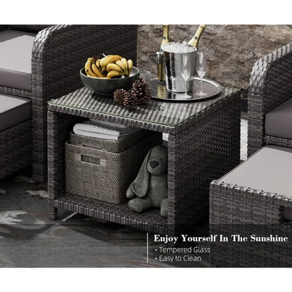 5 Piece Patio Conversation Set, Wicker Rattan Glass Table