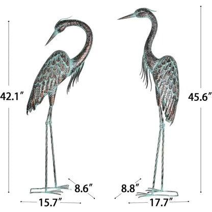 Garden Statues, Standing Metal Patina Heron 42-46 Inch Set of 2