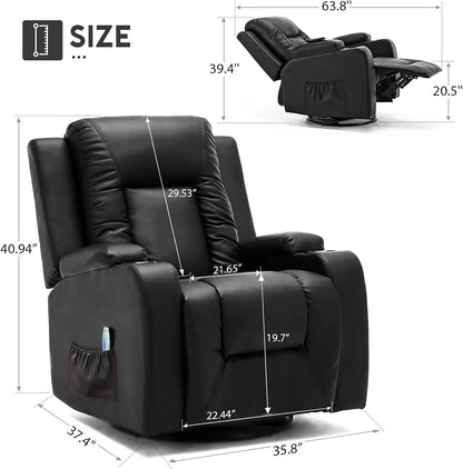 Leather Recliner Chair Modern with Heated Massage Ergonomic Lounge 360 Degree Swivel