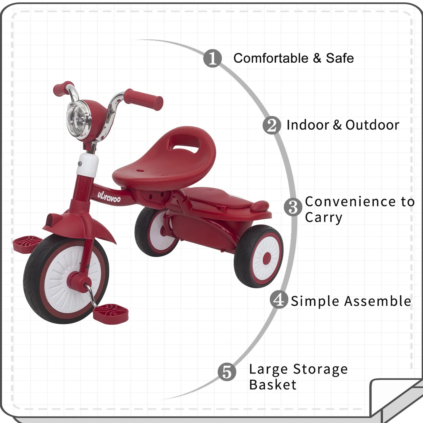 Baby Foldable Tricycle Trike PU Wheels with Elasticity Shock-absorbing Effect, Cool Lights,1-5 Years