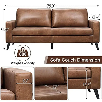 Mid-Century Modern Brown Faux Leather Sofa 79"