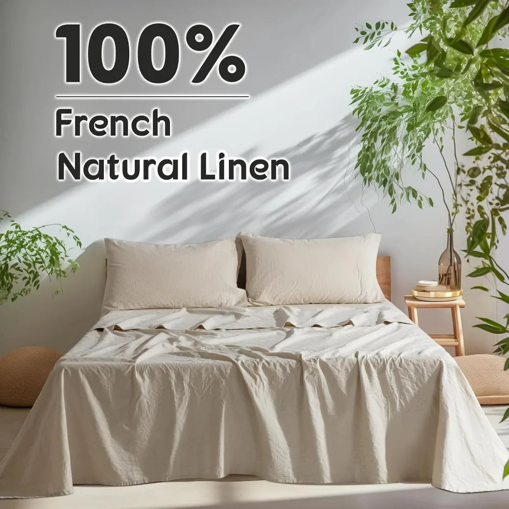 100% French Pure Linen Sheets, Breathable and Durable Line Sheets, Anti-Tear