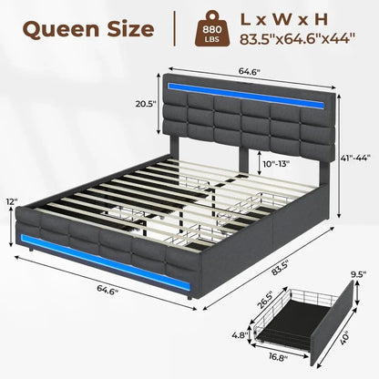 LED Bed Frame w 4 Drawers and 2 USB Charging Station, Upholstered Platform Bed