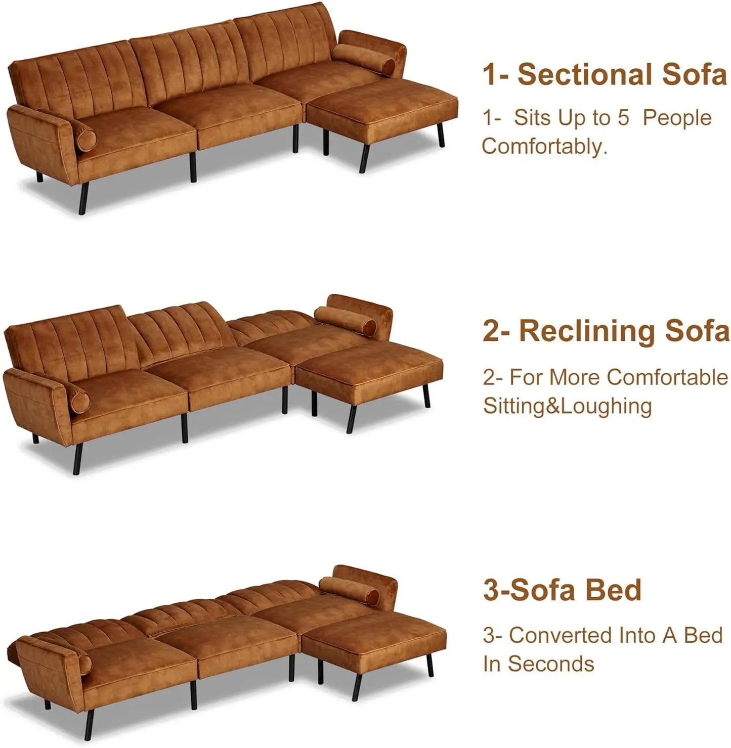 Velvet Sectional Convertible Sofa with Chaise Shape Sectional with USB Folding Futon