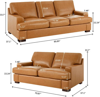 Genuine Leather Sofa Luxurious Comfort Goose Feather Cushion Sturdy Block Legs