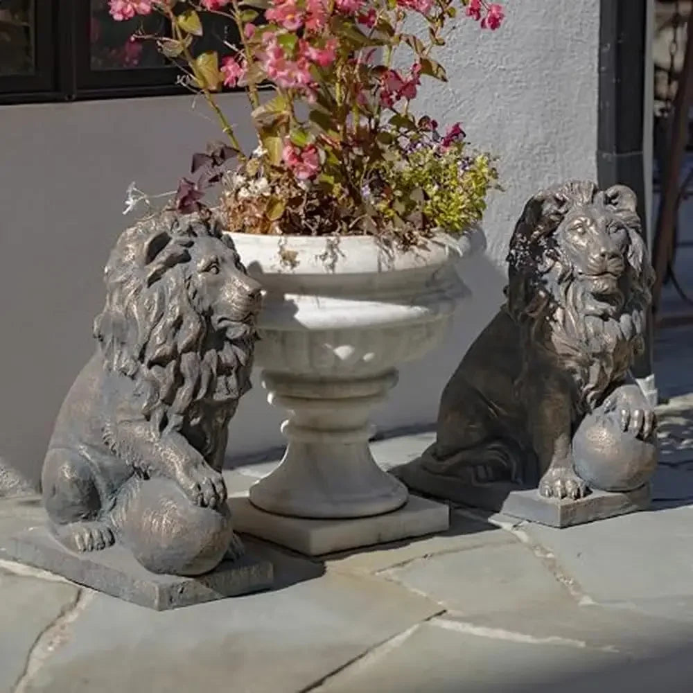 Magnesium Pair Lion Statues Outdoor Safe 27" Tall Ball Set 2 Aged Bronze