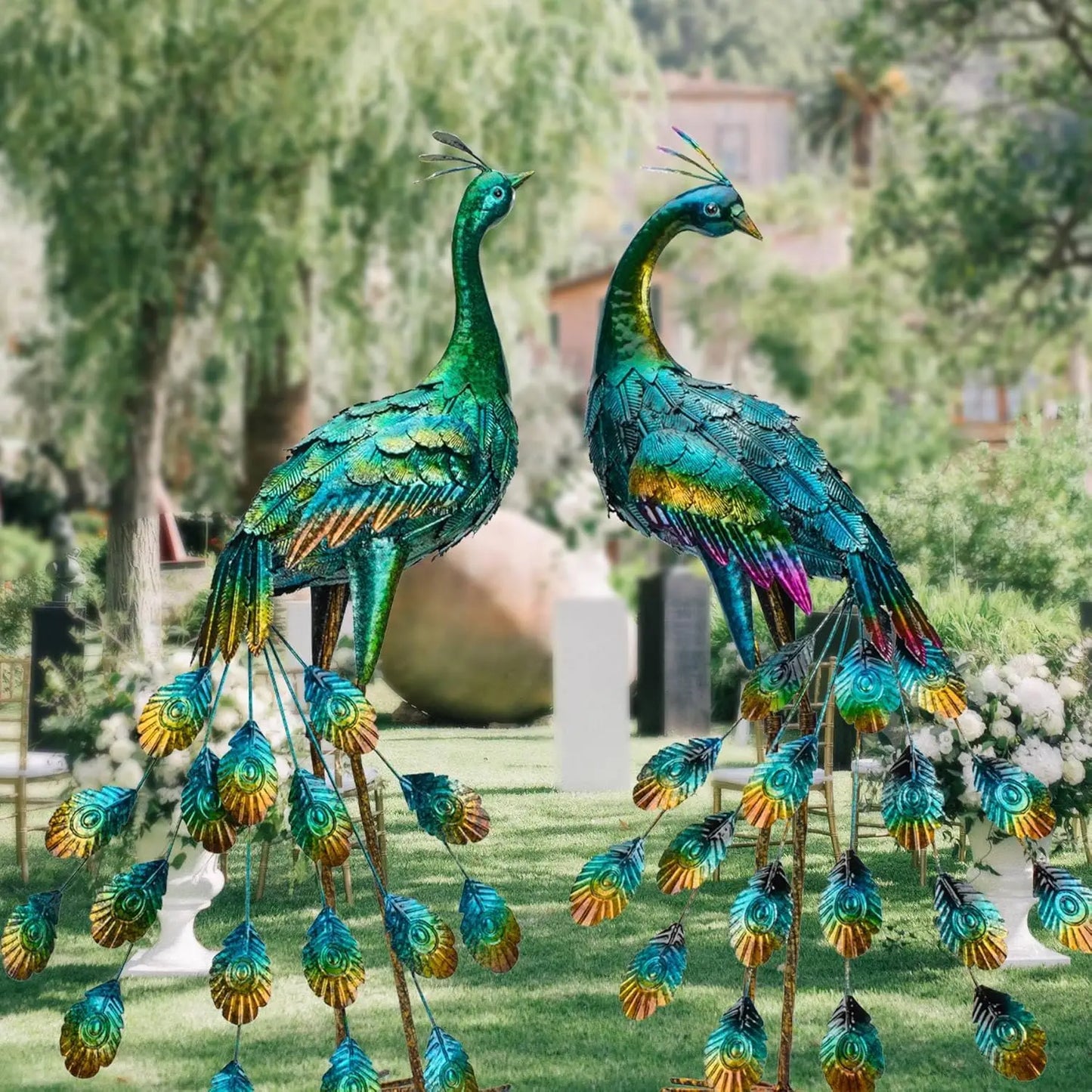 Peacock Decor Garden Statue and Sculpture, Metal Large Birds