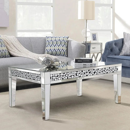 Mirrored Coffee Table, Silver with Crystal Diamond Inlay