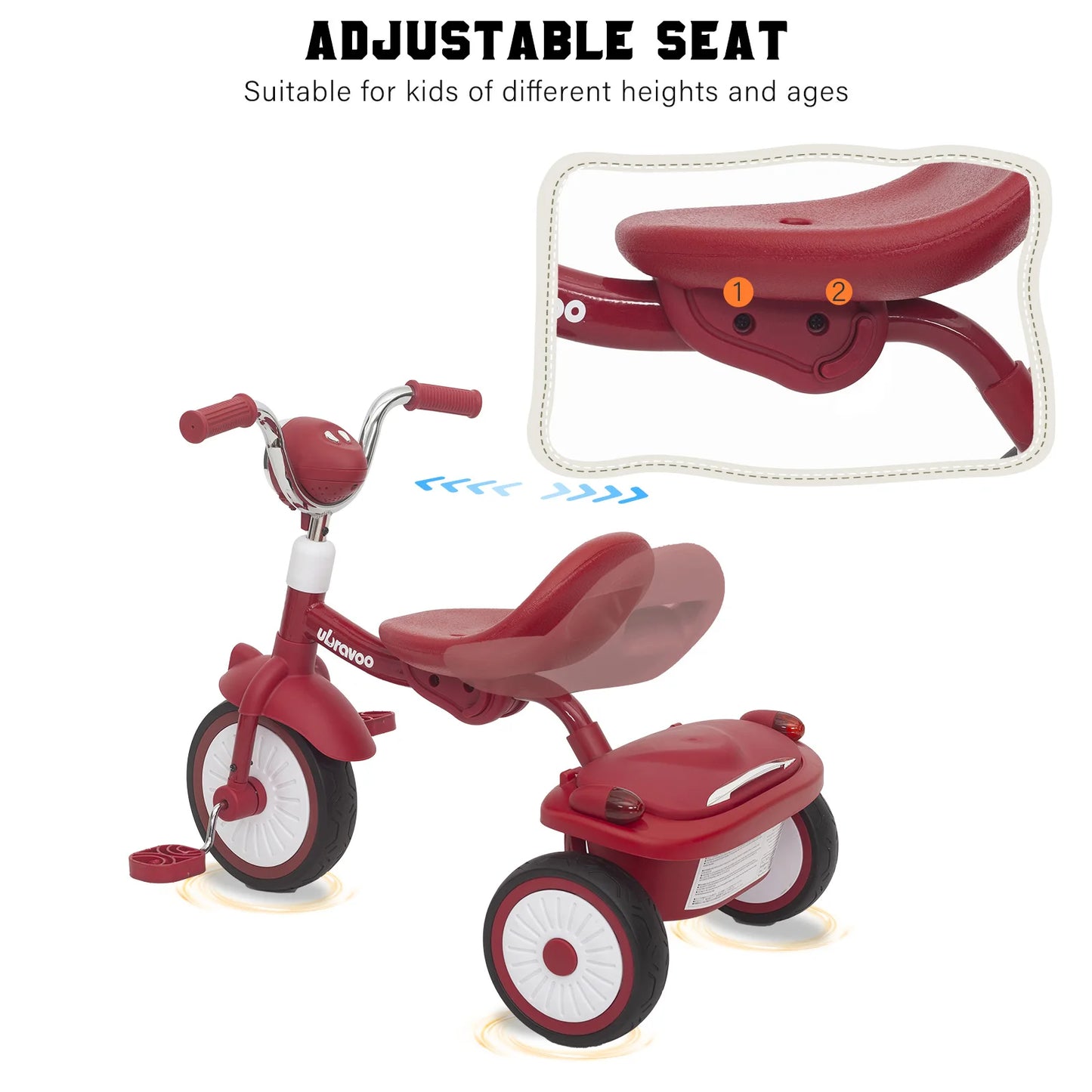 Baby Foldable Tricycle Trike PU Wheels with Elasticity Shock-absorbing Effect, Cool Lights,1-5 Years